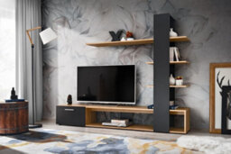Arte Eco Contemporary Entertainment Media Unit 1 Door Shelves Oak Wotan Effect & Black (W)1900mm (H)1520mm (D)350mm