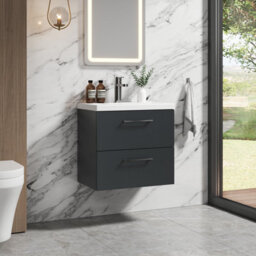 Balterley Bramshall Modern Bathroom Wall Hung 2 Soft Close Drawer Vanity Unit & Mid-Edge Basin, Dark Grey, 610mm - thumbnail 4