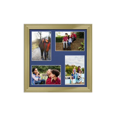 AK Frames 12X12 Gold Classic Multi Photo Frame With Blue Mount - Holds 4 Apertures (4X) 6X4 Photos - image 1
