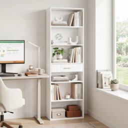 Tall Bookcase With Cubes, 7 Tier Bookshelf With Drawer, White - thumbnail 5