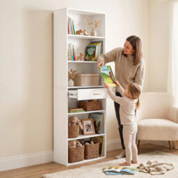 Tall Bookcase With Cubes, 7 Tier Bookshelf With Drawer, White - thumbnail 6