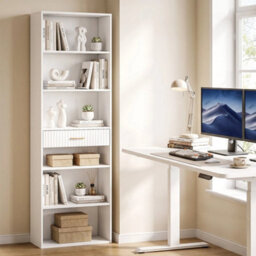 Tall Bookcase With Cubes, 7 Tier Bookshelf With Drawer, White - thumbnail 3