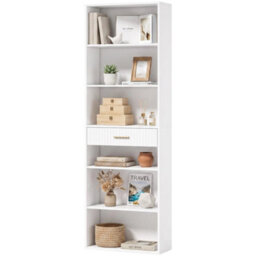 Tall Bookcase With Cubes, 7 Tier Bookshelf With Drawer, White - thumbnail 4