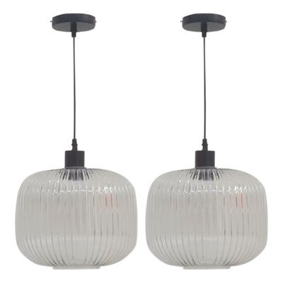 First Choice Lighting Set Of 2 Baton - White Ribbed Oval Glass With Black Pendant Fittings - image 1