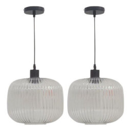 First Choice Lighting Set Of 2 Baton - White Ribbed Oval Glass With Black Pendant Fittings - thumbnail 1