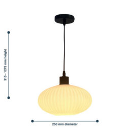 First Choice Lighting Set Of 2 Baton - White Ribbed Oval Glass With Black Pendant Fittings - thumbnail 8