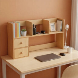 Natural Wood Colour - 80Cm -Basic Creative Wooden Desktop Bookshelf Organizer Office Desk Storage Shelf Tidy Rack - thumbnail 6