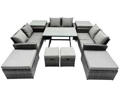 Fimous 10 Seater Wicker Pe Rattan Furniture Outdoor Dining Table Double Seat Sofa 4 Stools 2 Side Table Set Dark Grey Mixed - image 1