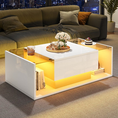 Abrihome High Gloss Coffee Table With Open Storage, 1 Drawer, Led Lights,  Coffee End Table For Living Room, Office, 100X50X31Cm, White - image 1