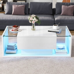 Abrihome High Gloss Coffee Table With Open Storage, 1 Drawer, Led Lights,  Coffee End Table For Living Room, Office, 100X50X31Cm, White - thumbnail 3