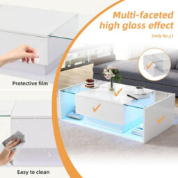 Abrihome High Gloss Coffee Table With Open Storage, 1 Drawer, Led Lights,  Coffee End Table For Living Room, Office, 100X50X31Cm, White - thumbnail 5
