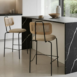 Wyld And Coco Set Of 2 Bar Chairs Light Beige Faux Leather With Pe Rattan Back, W48 X D52 X H97Cm - thumbnail 2