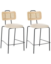 Wyld And Coco Set Of 2 Bar Chairs Light Beige Faux Leather With Pe Rattan Back, W48 X D52 X H97Cm - thumbnail 3