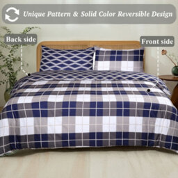 Aspire Homeware Printed Microfiber Duvet Cover Set, Navy Check Reversible, Super King, (L)220Cm X (W)260Cm - thumbnail 2