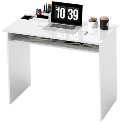 White Computer Desk, Home Writing Study Workstation With Storage