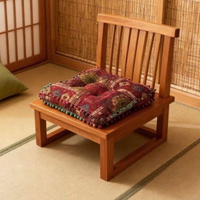 Thehotsale Red Bohemian Style Faux Linen Double-Sided Chair Cushion With Pom-Pom Trim, 40Cm (W) X 40Cm (D) X 8Cm (H) - image 1