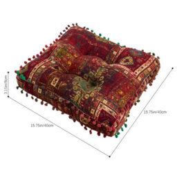 Thehotsale Red Bohemian Style Faux Linen Double-Sided Chair Cushion With Pom-Pom Trim, 40Cm (W) X 40Cm (D) X 8Cm (H) - thumbnail 9