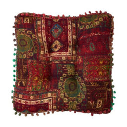 Thehotsale Red Bohemian Style Faux Linen Double-Sided Chair Cushion With Pom-Pom Trim, 40Cm (W) X 40Cm (D) X 8Cm (H) - thumbnail 7