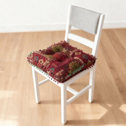 Thehotsale Red Bohemian Style Faux Linen Double-Sided Chair Cushion With Pom-Pom Trim, 40Cm (W) X 40Cm (D) X 8Cm (H) - thumbnail 3