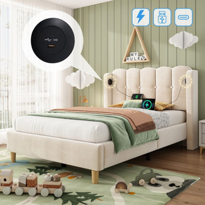 Merax 3Ft Single Bed 90X190 Cm, Velvet Upholstered Bed With Usb & Type-C Charging, Panel Headboard, Bedroom & Guest Room, Beige - image 1
