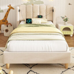 Merax 3Ft Single Bed 90X190 Cm, Velvet Upholstered Bed With Usb & Type-C Charging, Panel Headboard, Bedroom & Guest Room, Beige - thumbnail 2