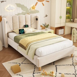 Merax 3Ft Single Bed 90X190 Cm, Velvet Upholstered Bed With Usb & Type-C Charging, Panel Headboard, Bedroom & Guest Room, Beige - thumbnail 3