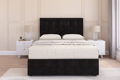 "Sloomy Highbury Black Plush Divan Bed Base 2 Drawers Same Side - 54"" Floor Standing Headboard 3' Single" - image 1