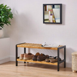 Xample 2 Tier Natural Bamboo Shoe Rack Bench Wooden Storage Shelf Organizer For Hallway, Bedroom, Bathroom & Living Room