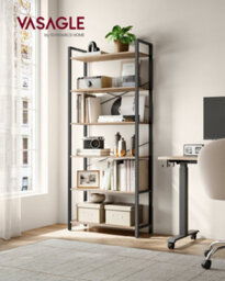 LEDREM 6 Tier Bookcase With Steel Frame, Free Standing Shelf, Living Room,bedroom, Office,industrial Design,camel Brown,black Ink - thumbnail 1