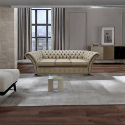 Chesterfield 3 Seater Sofa Shelly Pebble Real Leather In Balmoral Style - thumbnail 5
