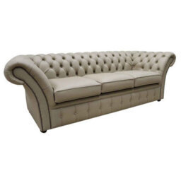 Chesterfield 3 Seater Sofa Shelly Pebble Real Leather In Balmoral Style - thumbnail 2