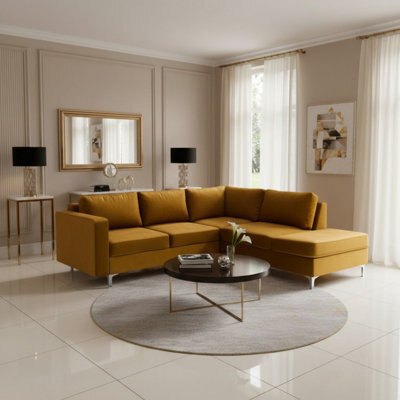 Orlando Velvet Living Room Corner Sofa Metal Legs Freestanding Upholstered Back 2355Cm 212Cm 85Cm Mustard Right - image 1