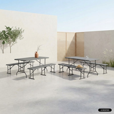 Sweeek - Folding Steel Reception Table With 2 Benches (Set Of 2) Charcoal Grey 180X69.5X73.5 Cm - Fiesta Set - image 1