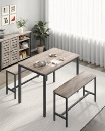 Songmics Vasagle Dining Table With 2 Benches, 3 Piece Set, Kitchen Table, 2 Benches, Steel Frame, Heather Greige And Ink Black - thumbnail 3