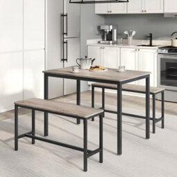 Songmics Vasagle Dining Table With 2 Benches, 3 Piece Set, Kitchen Table, 2 Benches, Steel Frame, Heather Greige And Ink Black - thumbnail 1