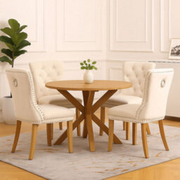 Neo Studded Natural Velvet Dining Chairs With Ring Knocker Detail X4
