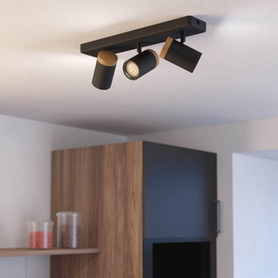 Eglo Consuma Steel And Wood 3-Light Bathroom Spotlight, Black And Brown - image 1