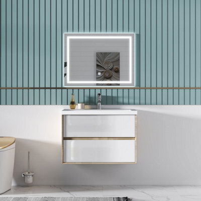 Sline 790mm Wall Mounted Bathroom Vanity Unit With Artificial Stone Basin,2 Soft Close Drawers For Storage,white,oak,flat Packed - image 1