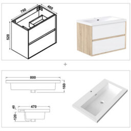 Sline 790mm Wall Mounted Bathroom Vanity Unit With Artificial Stone Basin,2 Soft Close Drawers For Storage,white,oak,flat Packed - thumbnail 2