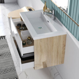 Sline 790mm Wall Mounted Bathroom Vanity Unit With Artificial Stone Basin,2 Soft Close Drawers For Storage,white,oak,flat Packed - thumbnail 6