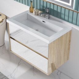 Sline 790mm Wall Mounted Bathroom Vanity Unit With Artificial Stone Basin,2 Soft Close Drawers For Storage,white,oak,flat Packed - thumbnail 5
