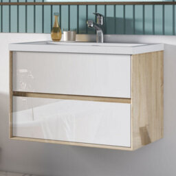 Sline 790mm Wall Mounted Bathroom Vanity Unit With Artificial Stone Basin,2 Soft Close Drawers For Storage,white,oak,flat Packed - thumbnail 4