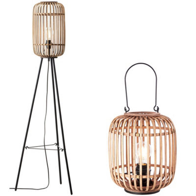 Loops Standing Floor & Table Lamp Set - Natural Bambo Open Framed Shade - Matt Black Base - image 1