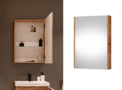 Impact Furniture Mirror Bathroom Cabinet Mirrored Wall Unit 500mm Slimline Narrow Storage Craft Oak Finish Glass Shelves Avir - image 1
