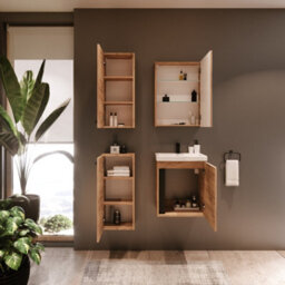 Impact Furniture Mirror Bathroom Cabinet Mirrored Wall Unit 500mm Slimline Narrow Storage Craft Oak Finish Glass Shelves Avir - thumbnail 7