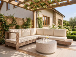 Beliani Garden Corner Sofa 5 Seater Marettimo Certified Acacia Wood Right Hand Off-White - thumbnail 2