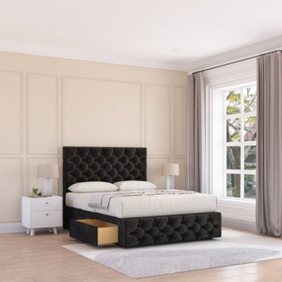 "Sloomy 5Ft Watson Divan Bed Base Black Plush ,4 Drawers, 12"" Footboard & 54"" Floor Standing Headboard - King" - image 1