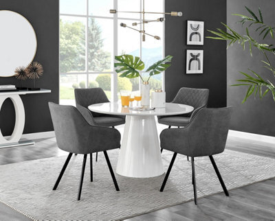 Furniturebox Uk Palma White High Gloss Round Dining Table & 4 Dark Grey Falun Black Leg Chairs - image 1