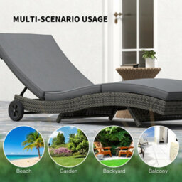 Outsunny Outdoor Rattan Sun Lounger With Reclining Back, Wheels, Dark Grey - thumbnail 7