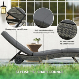 Outsunny Outdoor Rattan Sun Lounger With Reclining Back, Wheels, Dark Grey - thumbnail 6
